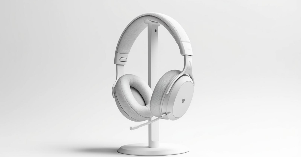 Clean studio shot of a white wireless gaming headset on a stand against a pure white background, showcasing its design and fabric ear cushions.