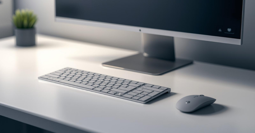 A modern desk setup showcasing a wireless keyboard and mouse neatly arranged on a clutter-free desk with no visible cables.