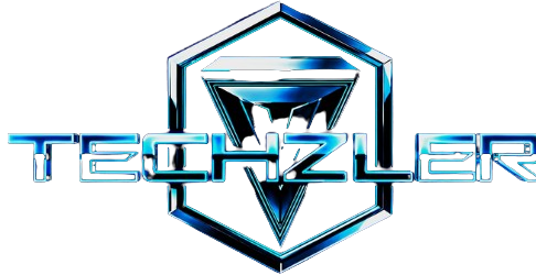 TECHZLER logo featuring a futuristic hexagon frame and sharp modern typography in chrome and blue tones.