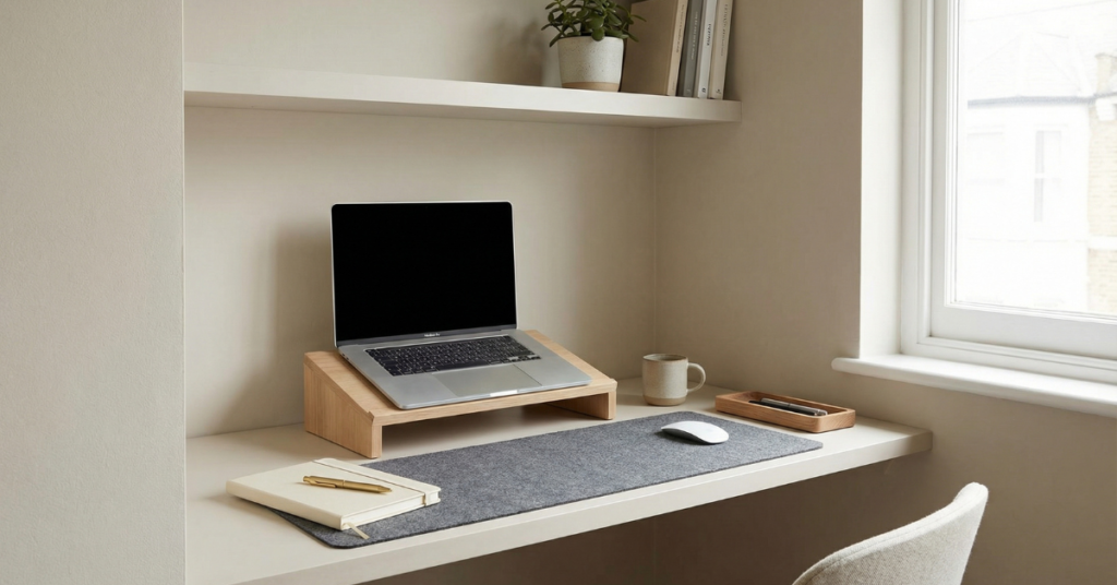 Organized small desk layout with clear work zones