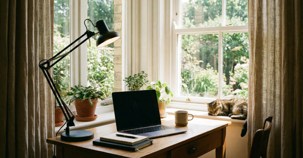 Well-lit small space desk setup with natural and task lighting.