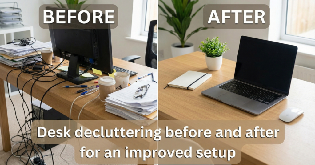 Desk decluttering before and after for an improved setup.
