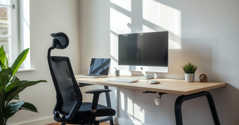 Easy desk setup improvement with a clean, modern workspace, ergonomic chair, organized cables, and natural lighting.