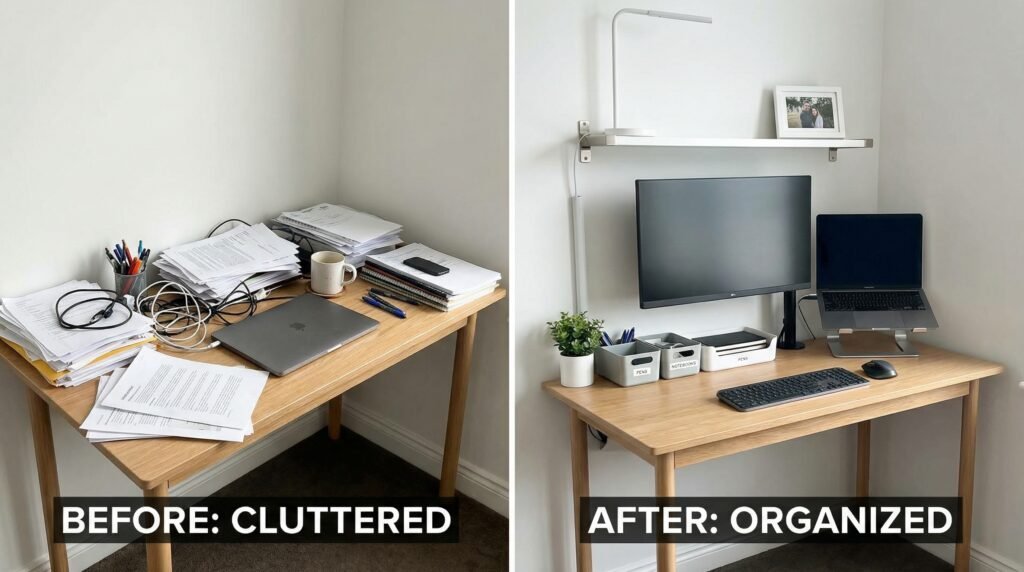 Organized small desk area with clutter-free layout and compact storage solutions