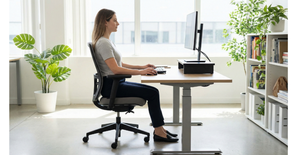 Ergonomic desk setup with correct monitor and chair alignment.