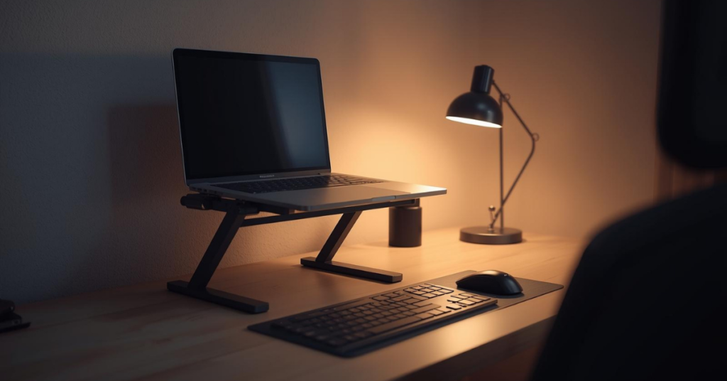 Ergonomic small space desk setup with proper lighting for long focus sessions