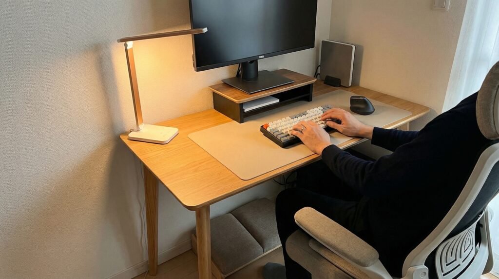 Ergonomic accessories improving comfort in a small desk setup