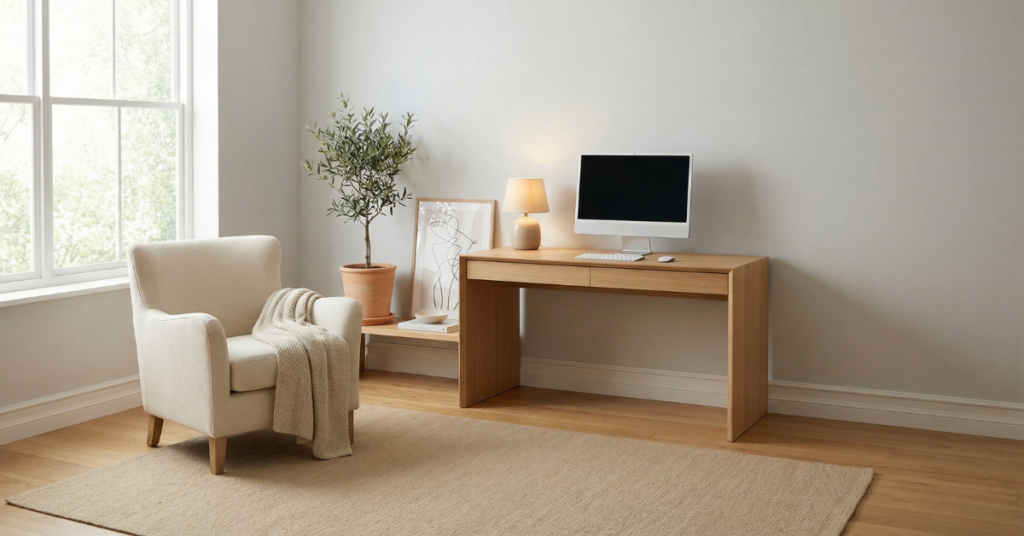 Small, organized desk setup with ergonomic chair, monitor at eye level, and tidy workspace.