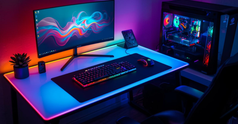 RGB gaming setup with vibrant desk lighting, glowing keyboard, and immersive PC environment.