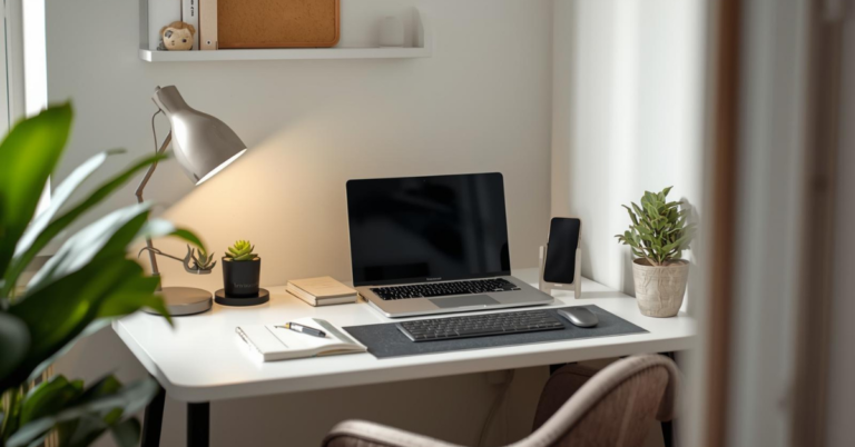 Small space calm desk setup with minimal accessories and clutter-free workspace