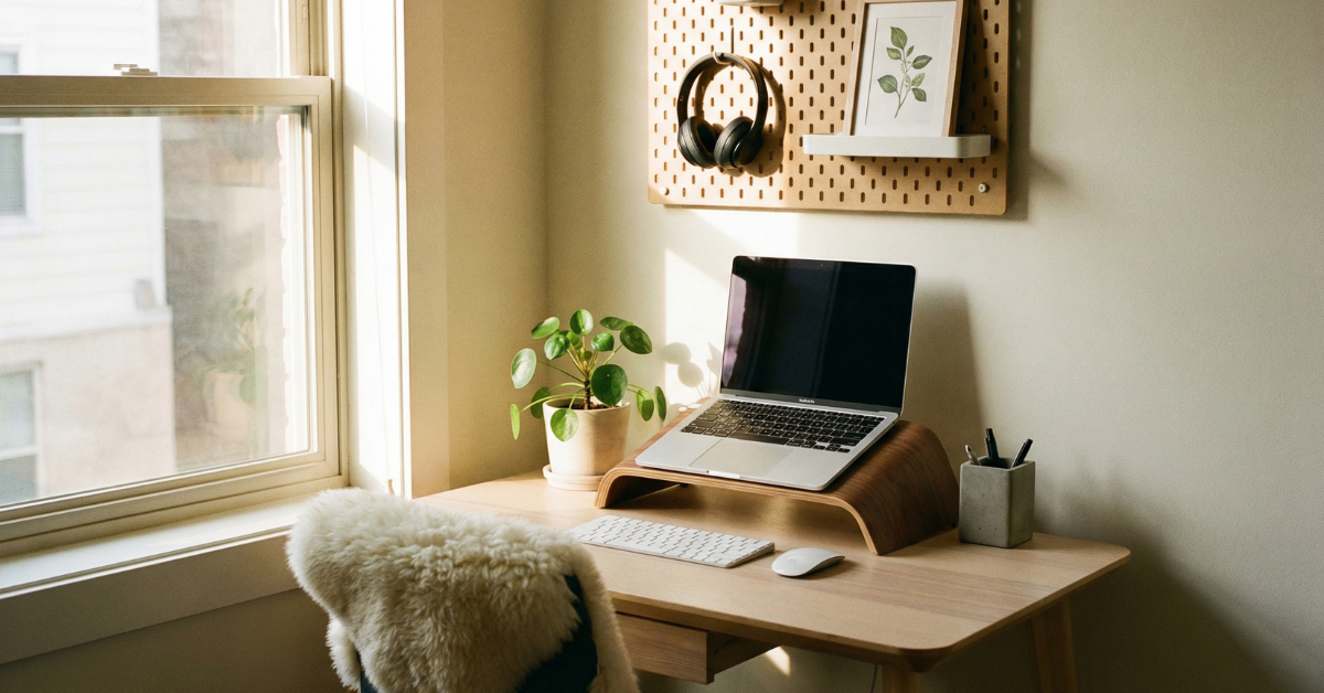 Modern small space desk setup in a cozy corner with laptop and minimal décor.