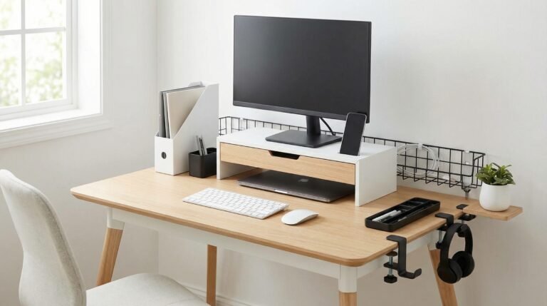 Small desk setup with compact accessories designed for productivity and organization