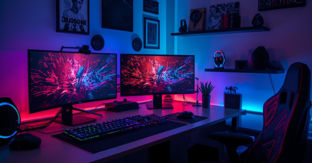Beginner RGB gaming setup with LED desk and PC lights