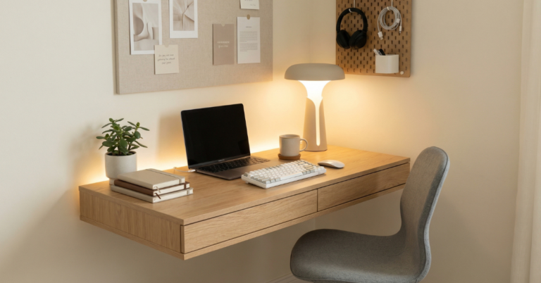 Best aesthetic desk accessories for focus featuring a minimalist workspace, neutral tones, clean desk layout, soft ambient lighting, and clutter-free organization designed for productivity.