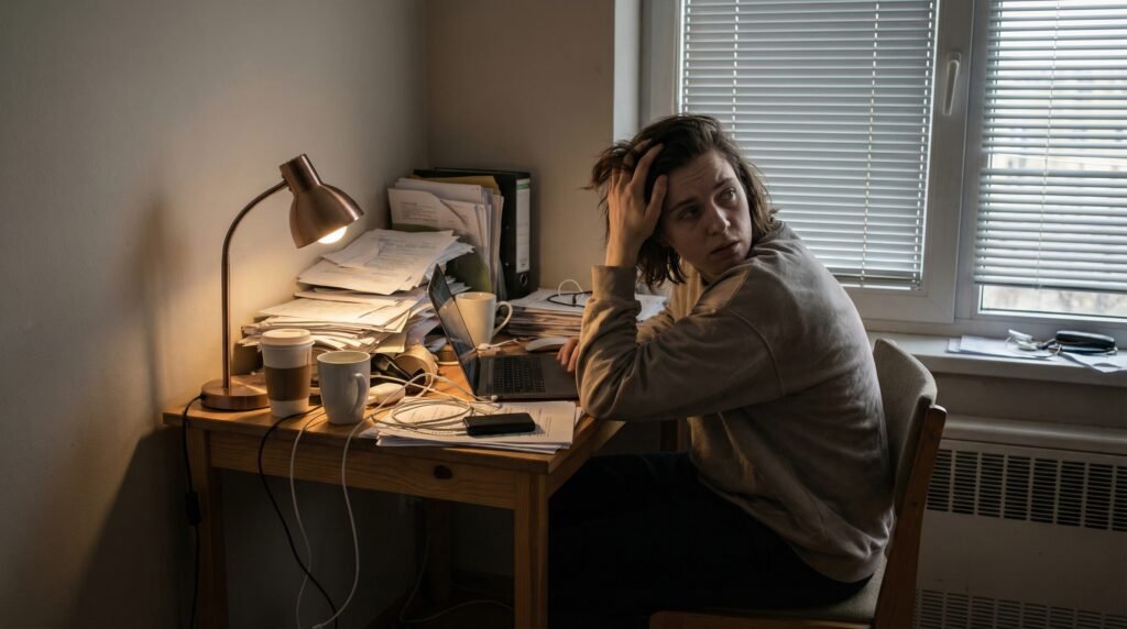 Cluttered small desk causing distraction and reduced focus in a tight workspace