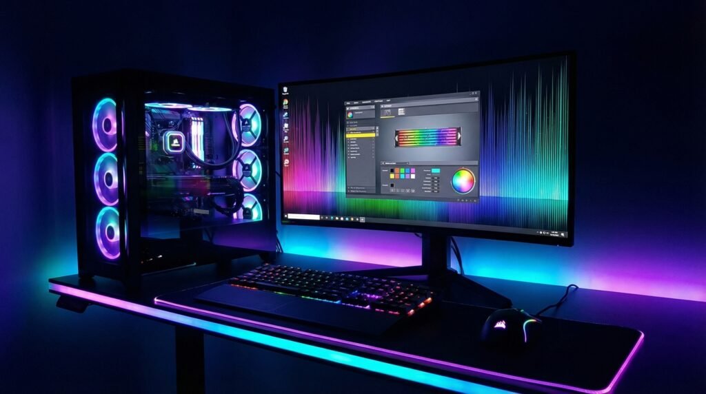 Multiple RGB devices on gaming desk synchronized with software for cohesive lighting.