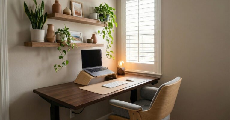 Minimal aesthetic desk setup in a small home office with floating shelves, neutral colors, and hidden cable management.