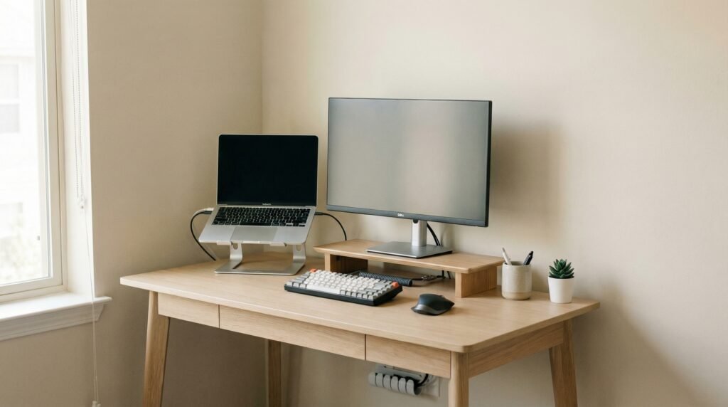 Small desk setup with space-saving accessories and ergonomic layout