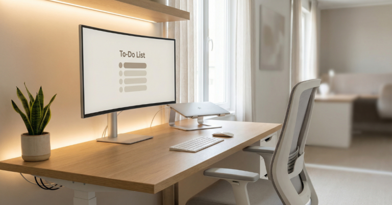 Modern minimalist desk setup for productivity featuring an ergonomic chair, monitor, laptop stand, wireless keyboard, and clean workspace lighting