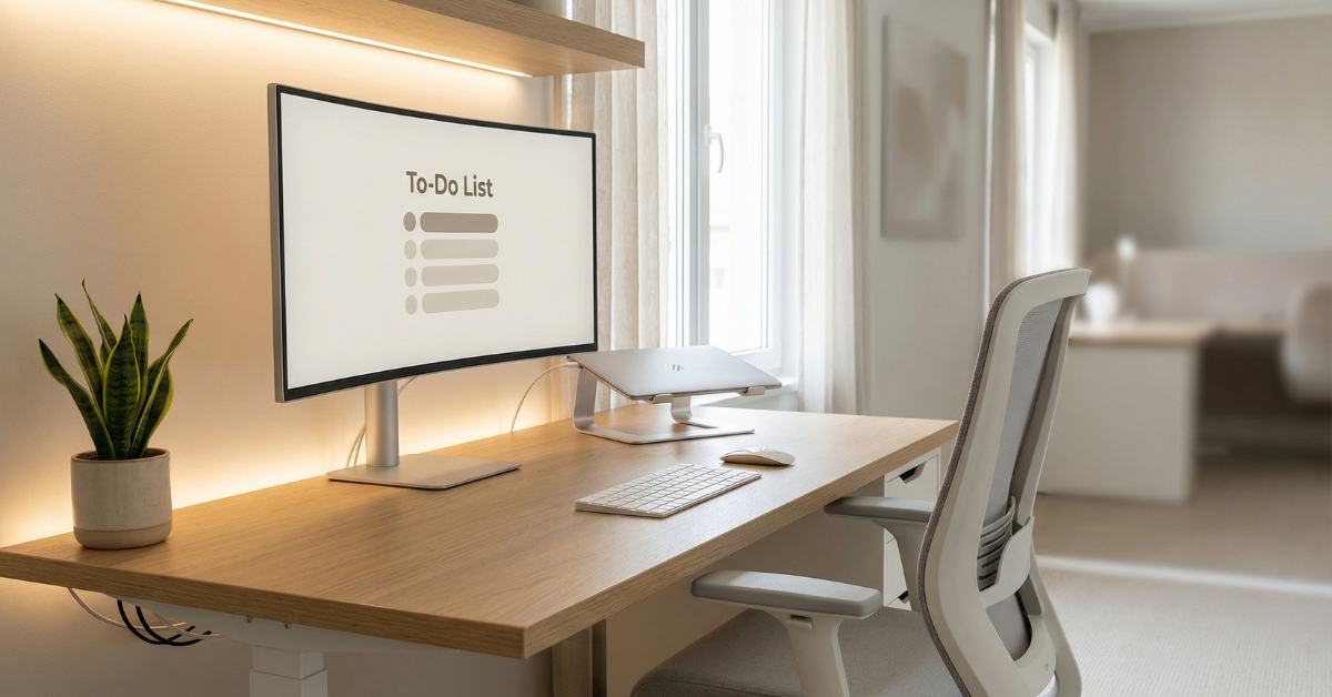 Modern minimalist desk setup for productivity featuring an ergonomic chair, monitor, laptop stand, wireless keyboard, and clean workspace lighting
