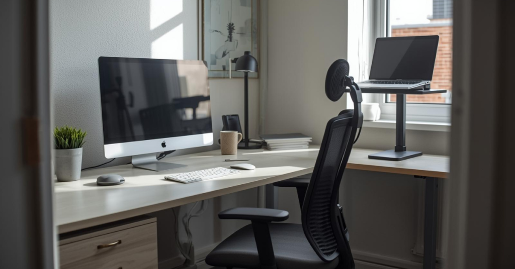 Ergonomic desk setup at home in a small apartment with a comfortable chair, properly positioned monitor, and clutter-free workspace