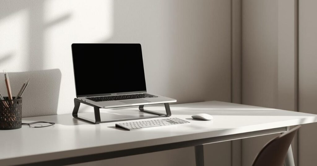 Calm Small desk setup with natural daylight, beige wood desk, laptop on stand, minimal accessories, plants, and a peaceful home workspace.