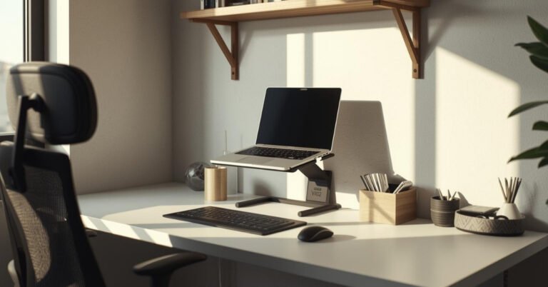 Small desk setup in a compact home office featuring a minimalist desk, vertical storage, ergonomic accessories, and clutter-free organization.