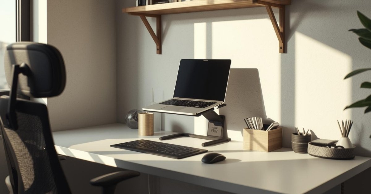 Small desk setup in a compact home office featuring a minimalist desk, vertical storage, ergonomic accessories, and clutter-free organization.
