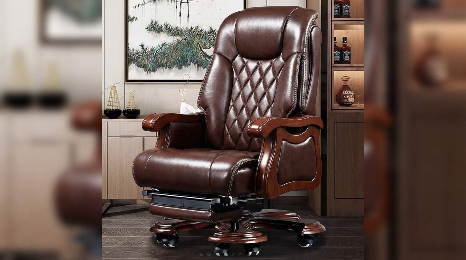 Luxury brown leather Chinese Boss Chair with high backrest, wooden armrests, and reclining footrest in executive office setting