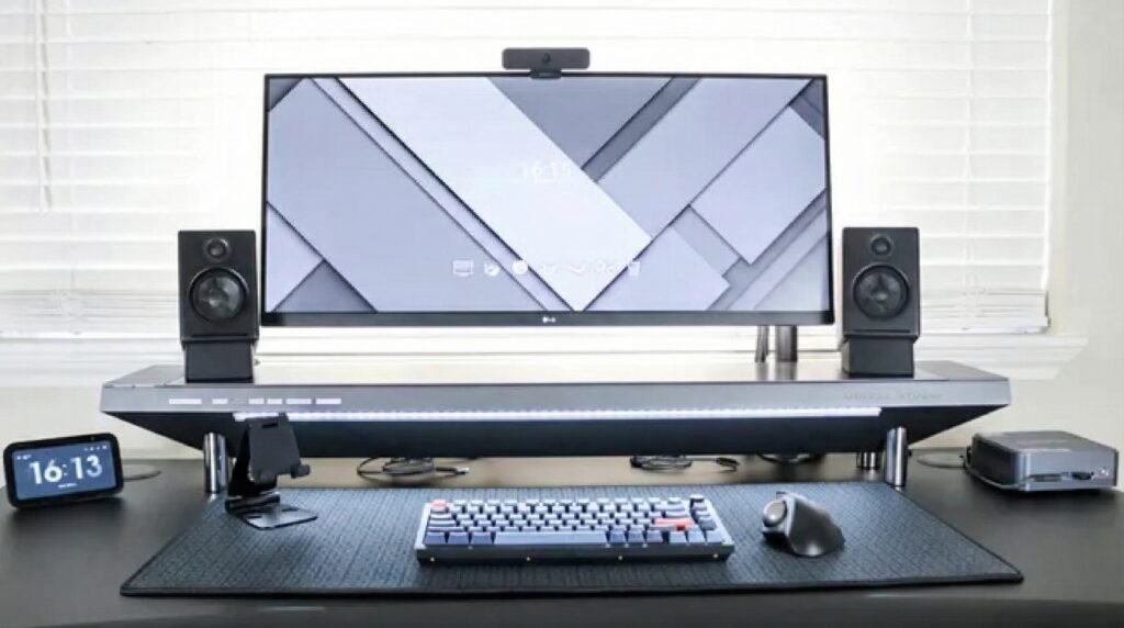 Organized desk setup with hidden cables, clean layout, and clutter-free workspace promoting calm and focus