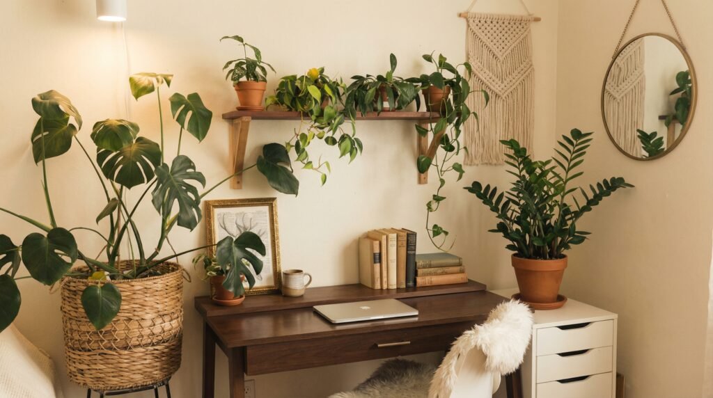 Cozy aesthetic desk setup with neutral tones, warm sunlight, plants, and peaceful home office decor