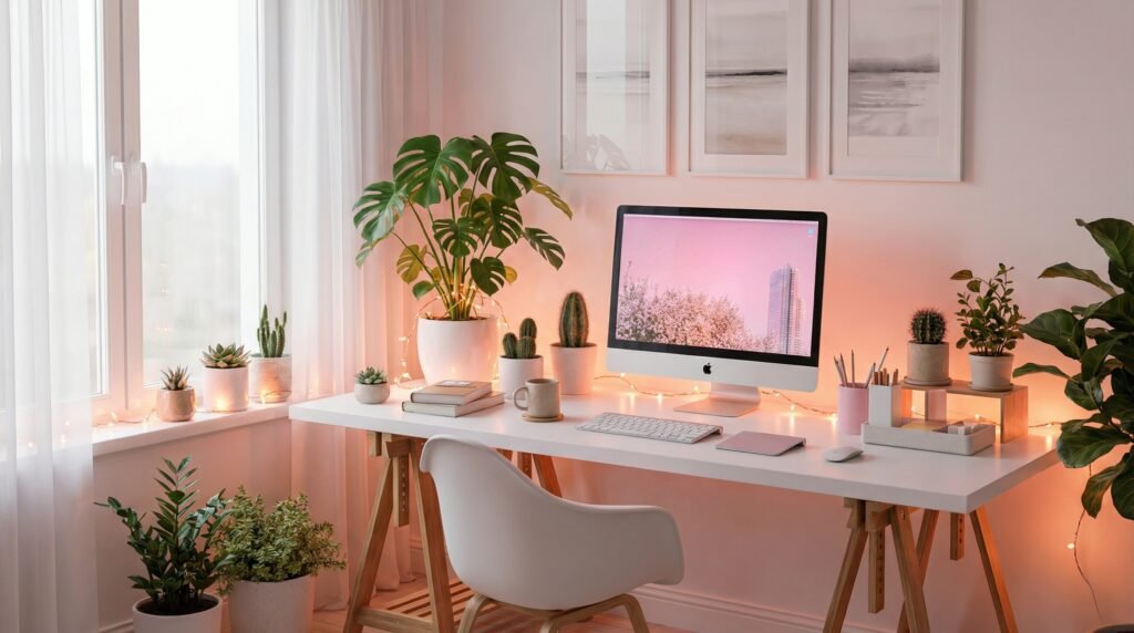 Desk setup with warm ambient lighting, soft lamp glow, and cozy atmosphere enhancing workspace comfort