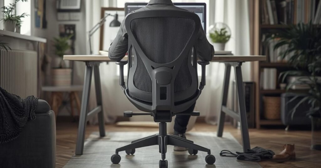 Ergonomic chair with lumbar support positioned correctly at a home office desk