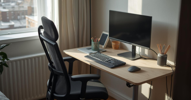 Ergonomic desk setup in a small apartment home office with a compact desk, monitor at eye level, and organized workspace
