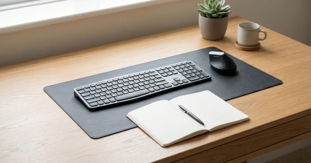 Home office desk surface arranged for an ergonomic desk setup with enough space for comfortable arm and hand movement