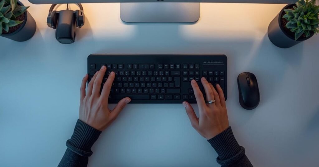 Ergonomic keyboard and mouse placement on a desk to support comfortable wrist positioning