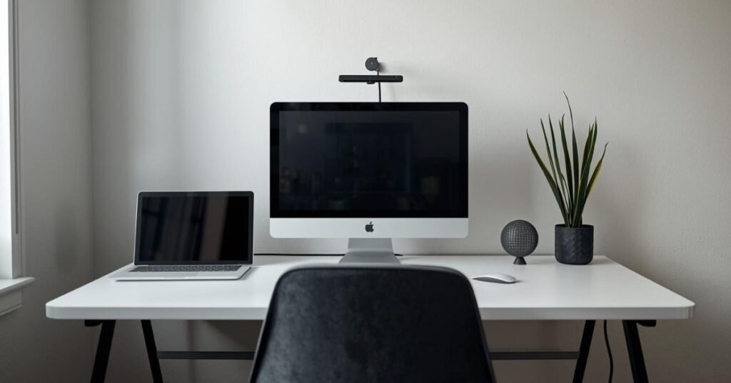 Monitor positioned at eye level in an ergonomic desk setup to reduce neck strain