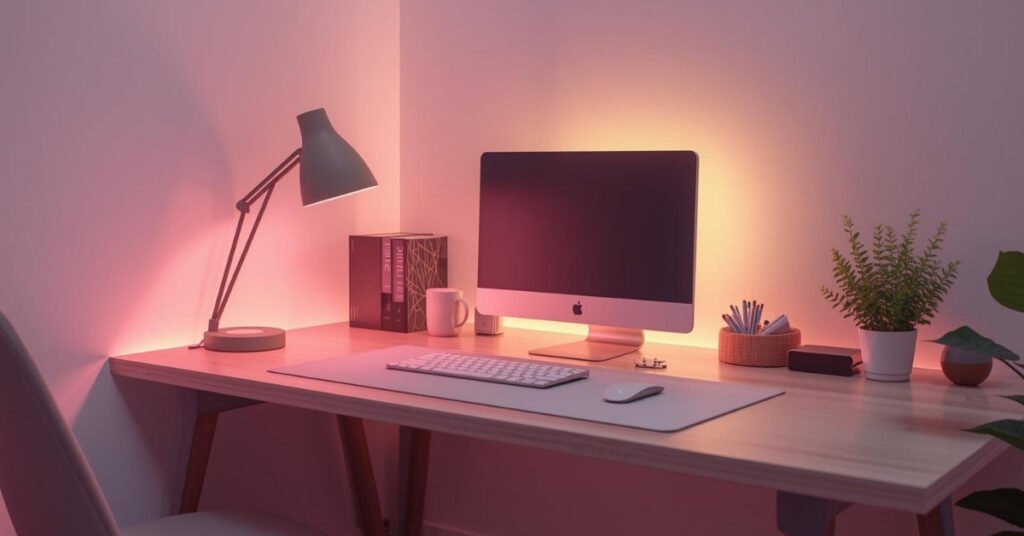Ergonomic small desk setup with proper posture and accessories