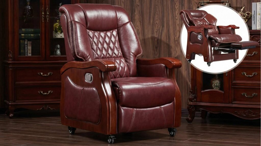 Chinese Boss Chair fully reclined with extended footrest showing 170-degree relaxation position