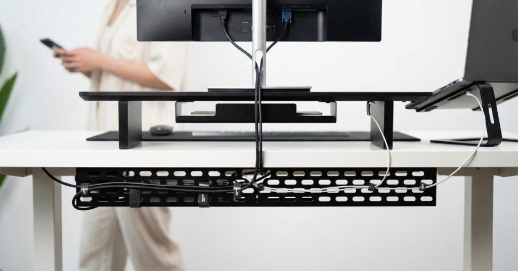 Organized cable management system hidden under a minimalist aesthetic desk setup.