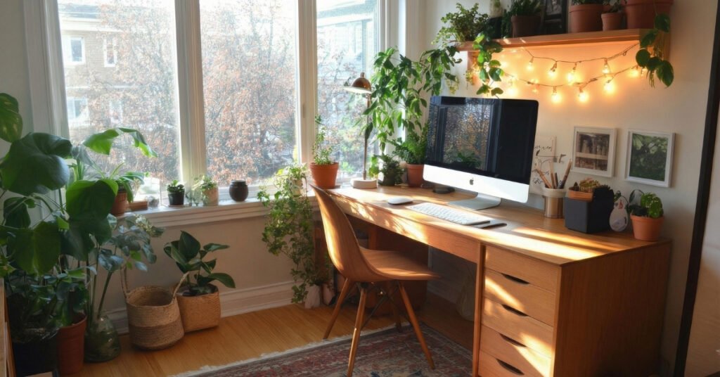 Minimal aesthetic desk setup with small plant and framed art, personalized without clutter.