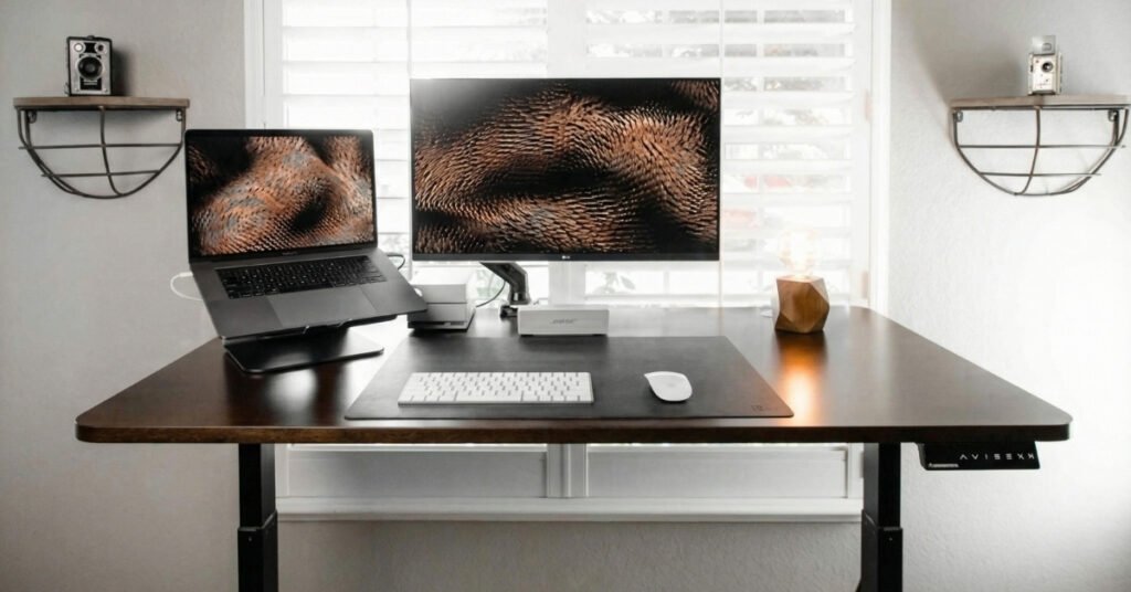 Clean wooden desk surface with laptop and desk mat in a minimalist home workspace.