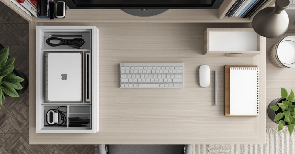 Organized small desk area with hidden storage and cable management