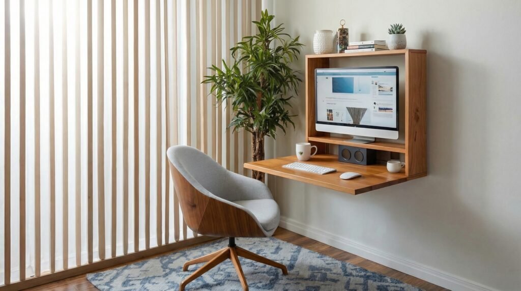 Small cozy desk setup with warm lighting, compact layout, and comfortable minimalist workspace design