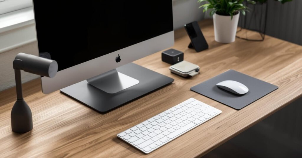 Essential accessories for a small desk setup arranged neatly on a desk