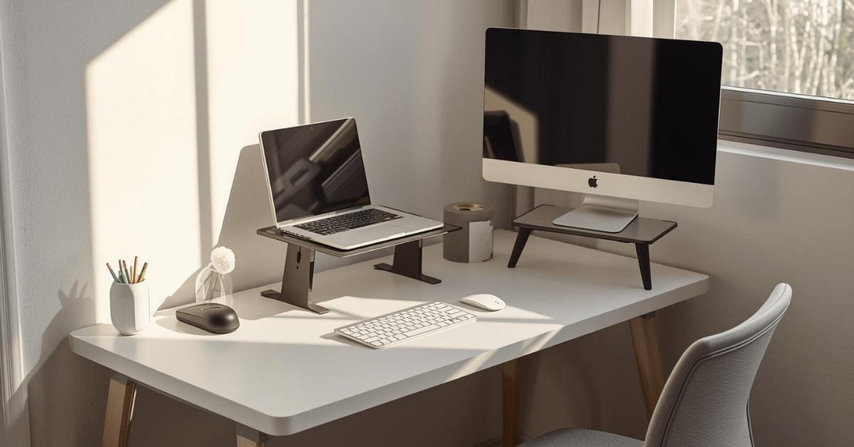 Small desk setup with space-saving accessories and ergonomic layout in a compact home office