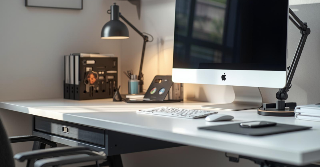 Aesthetic small desk setup featuring space-saving desk accessories for compact workspaces
