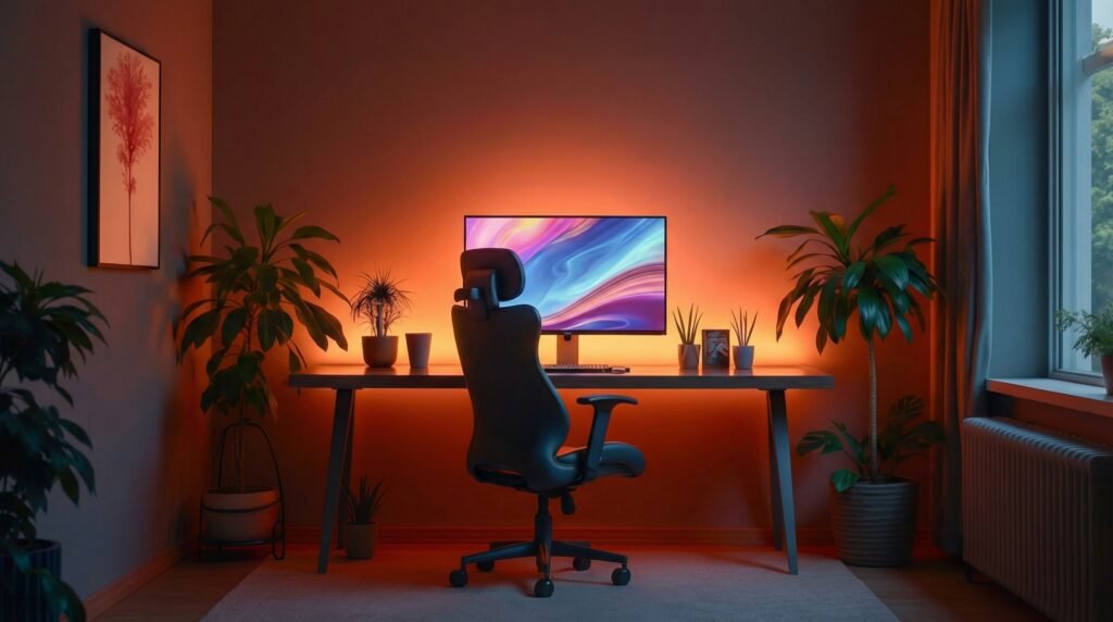 Desk setup with warm ambient lighting, soft lamp glow, and cozy atmosphere enhancing workspace comfort