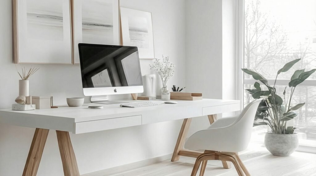 Cozy desk setup featuring wooden desk, soft textiles, ceramic decor, and warm natural textures