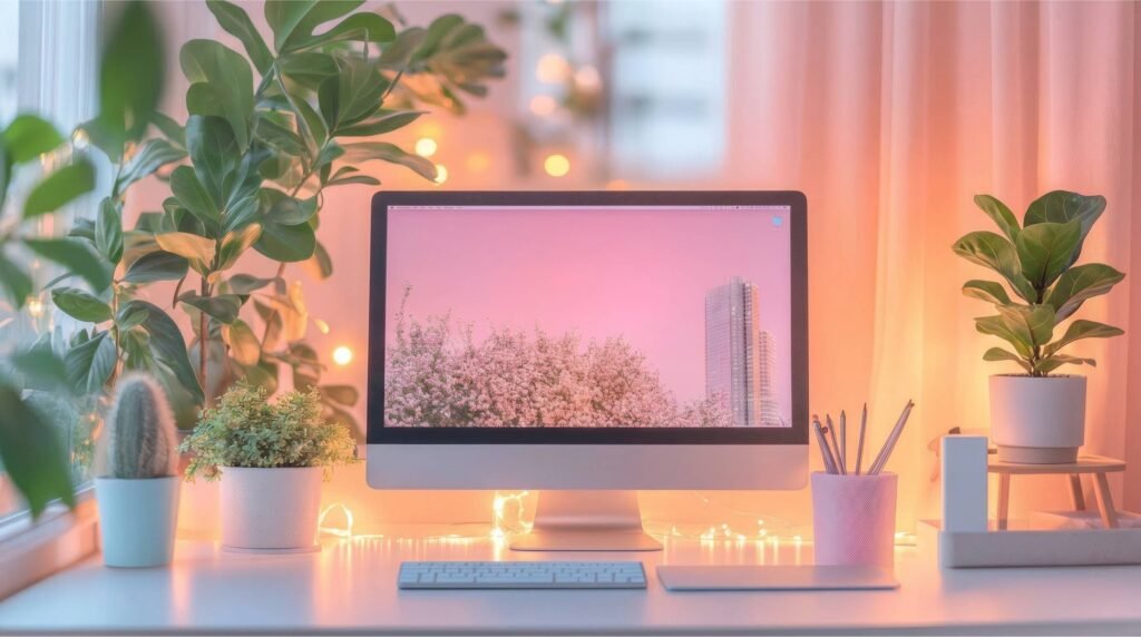 Cozy home office workspace featuring computer monitor, green plants, and warm ambient lighting